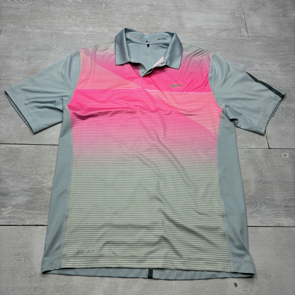 Nike Tiger Woods Golf Polo Mens Small Pink Grey Stripe Dri-FIT Shirt 619755-017